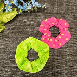 🎀 Handmade Scrunchies - Set of 2: Lime Green and Pink Polka Dot
